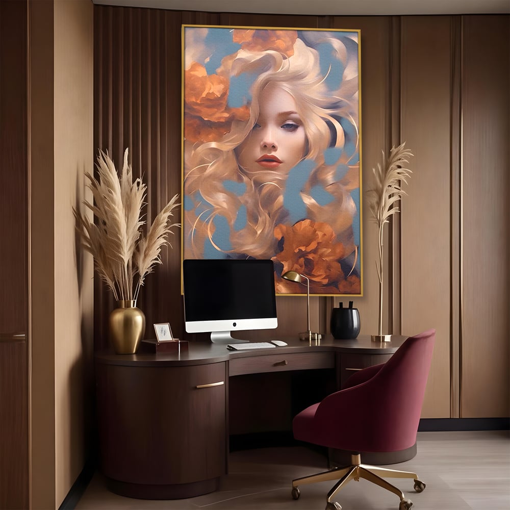 Tablou canvas cu portret de femeie cu flori portocalii, in rama de aluminiu auriu, pe perete intr-un birou